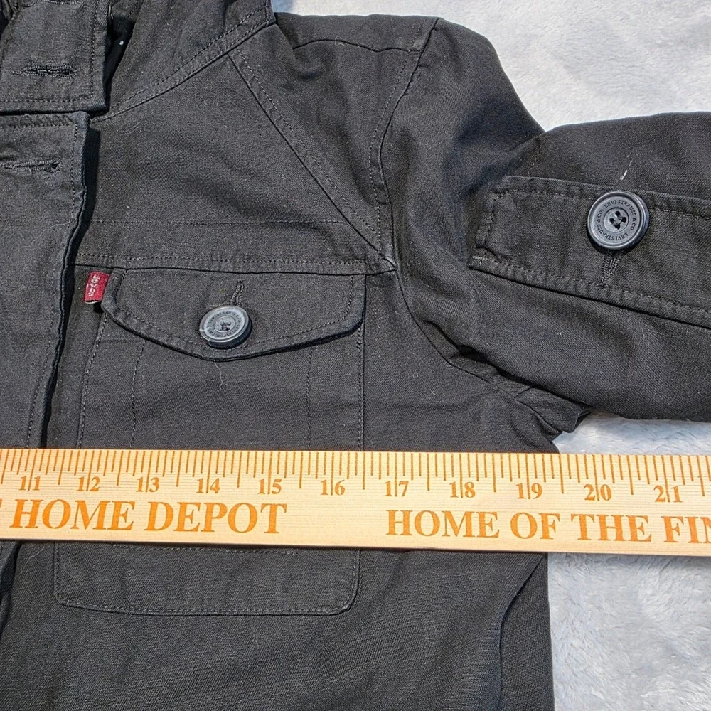 Levi's Women Medium Black Denim Field Jacket Hooded‎ Military Utility Cargo Coat